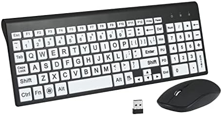 Full Size Large Print 2.4g Wireless Keyboard and Mouse with Oversized Print for Kids Visually Impaired Low Vision Individuals (Black)