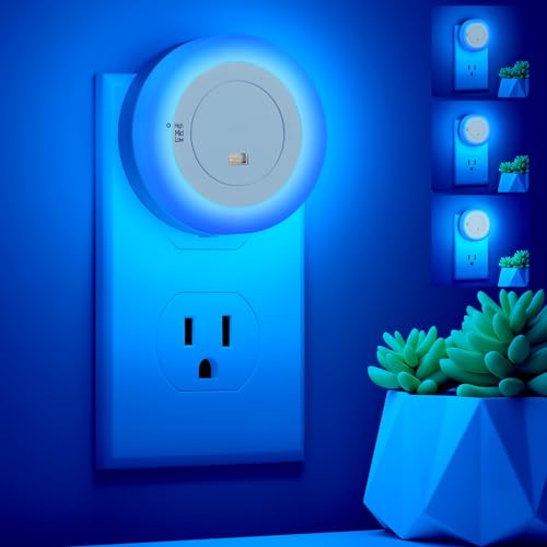 Image of FOLKSMATE 2-Pack LED Night Lights Plug in Dimmable with Sensor Blue | Nightlight Plug Into Wall Adjustable for Adults & Kids Room Bedroom Bathroom Living Room Kitchen Stairway