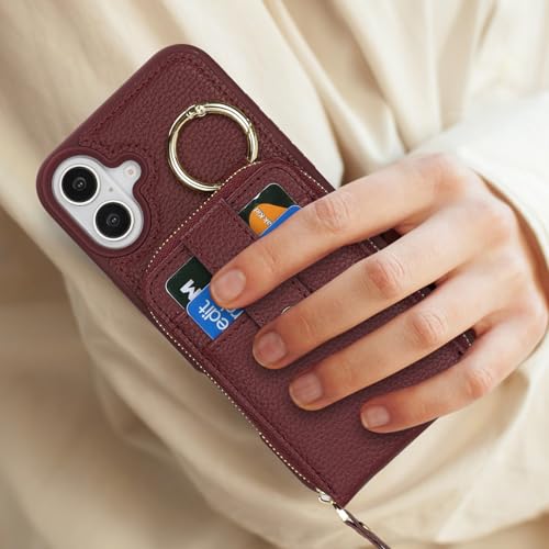 Coque iPhone 16 Plus bordeaux avec anneau support intégré et fermeture éclair - 6