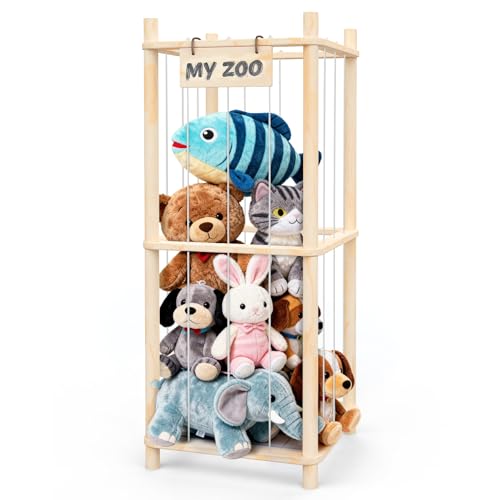 Image of Stuffed Animal Storage Zoo Organizer – Wooden Toy Holder for Toddlers, Cute Plush Toy Cage for Kids’ Room, Playroom & Bedroom, Space-Saving Nursery Organizer with Personalized Nameplate