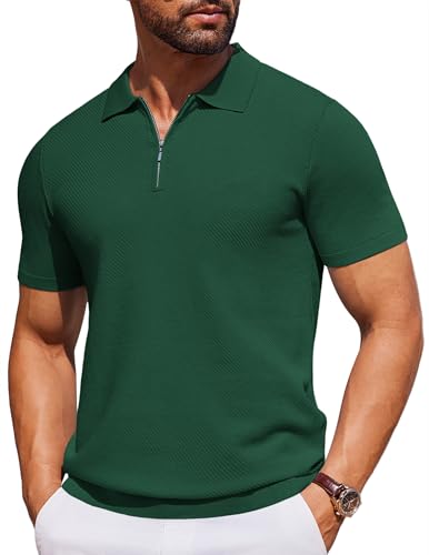 COOFANDY Mens Casual Quarter Zipper Knit Polo Shirts Short Sleeve Summer Beach Shirt Textured Jersey Tops