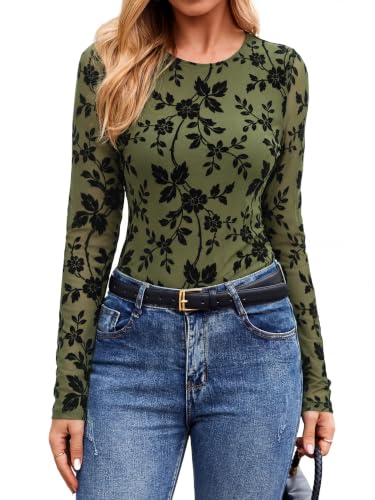 Glamaker Womens Long Seeve Going Out Tops Fall Trendy Floral Mesh Top Cute Date Night Y2K Shirts Outfits,Green M