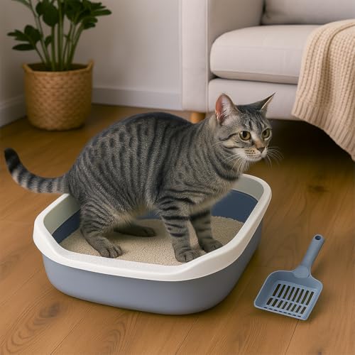 Image of PETS EMPIRE Cat Litter Box Tray with Free Scooper | Semi-Closed, Durable Plastic Litter Tray for Kittens & Adult Cats | Easy to Clean, Odour Control - Blue