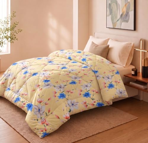 Image of HOMEKART 220 GSM Reversible Microfiber AC Comforter /Duvets for Mild Winter | All Season Single Size 3 Layered Quilted Blanket for Single Bed (230 cm x 150 cm,Lemon)