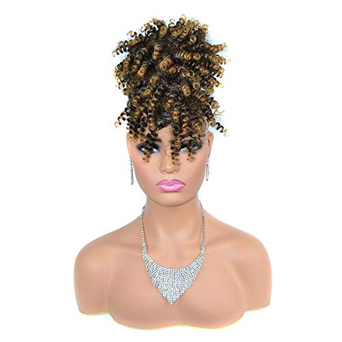 Afro Puff Ponytail Drawstring with Bangs Synthetic Short Kinky Curly Drawstring Hair Bun Pony Tail for Black Women Clip in on Wrap Updo Hair Extensions (T1B/27)