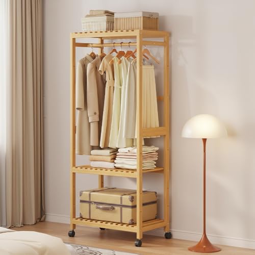 Bamboo Clothes Rail Rack Portable Open Wardrobe Clothing with Shoe Storage Free Standing Garment Rack for Living Room Bedroom Entrance