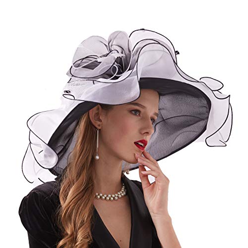 Go Mai Women Kentucky Derby Hat Organza Hats Two Wear Ways,Hat Flower Can Be Used As a Headwear, Black White, One Size