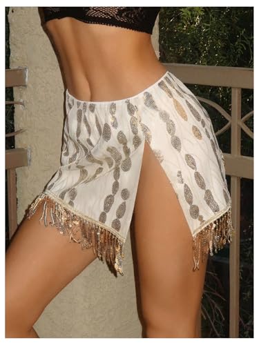 MakeMeChic Women's Sequin Sparkly Mini Skirt Fringe Split Bodycon Skirts Clubwear3
