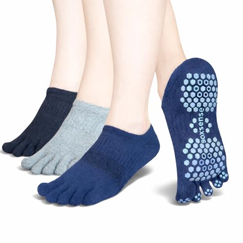 Image of Soxsense Pilates Grip Toe Socks for Women & Men, Cushioned Low-Cut Five Finger Socks Non Slip for Yoga, Barre, Gym