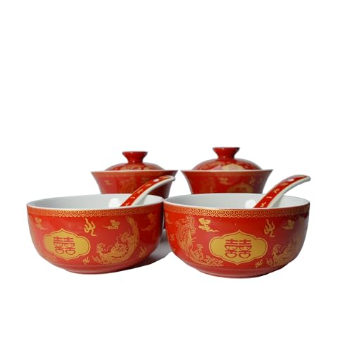 Image of Liang baobao Chinese Wedding Tea Gift Set Gaiwan Bowl Spoon Porcelain Tableware Dragon and Phoenix Double Happiness for Men Women Couple Wedding Party (6 /Set dragon phoenix double happiness)