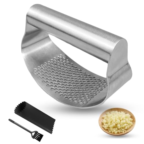 XWGKLN Knoblauchpresse Edelstahl - Multifunktional Garlic Press mit Silikonschäler und Reinigungsbürste Knoblauchpresse Spülmaschinenfest (silbrig)