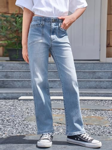 Haloumoning Girls Wide Leg Jeans Kids High Waisted Demin Pants Stretch Long Pants with Pockets 5-14 Years3
