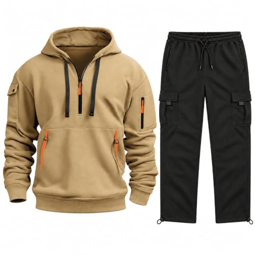 XINGJIAARTS Mens Sweatsuits 2 Piece Set Hoodie And Joggers Zipper Sweatshirt Set Baggy Sports Workout Running Jogging Suit Khaki Small - image 2
