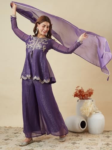Image of MOKOSH Women's Silk Embroidered Peplum Kurta Sharara with Dupatta | Kurta Set | Ethnic Wear |Round Neck Full Sleeve Kurta | 3 Piece Outfit |Embroidered