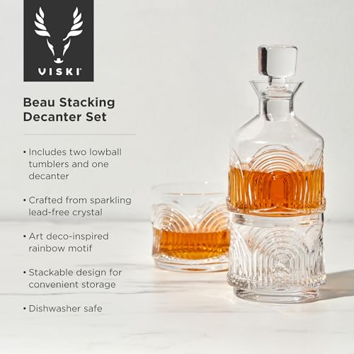 Viski Beau Stacking Set with Lowball Crystal Art Deco Cocktail Glasses Whiskey Decanter Set of 3, Clear