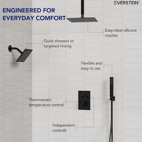 Image of Ceiling Mount 12 inch High-Pressure Rainfall Shower Faucet, Dual Rainfall Shower Head System with Valve (Matte Black)