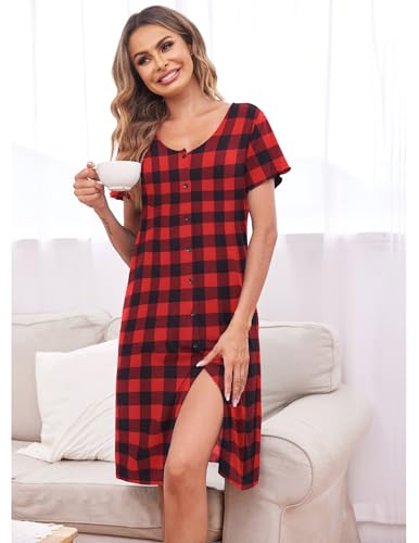 Image of Ekouaer Women's Nightshirt Short Sleeve Button Down Nightgown V-Neck Sleepwear Pajama Dress