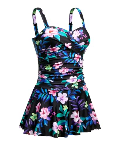 Image of Aqua Eve One Piece Swim Dress Tummy Control Swimsuit with Skirt Modest Bathing Suit Vintage Swimdress