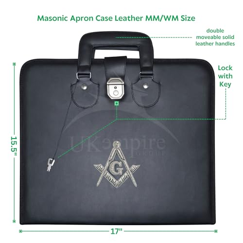 Image of Masonic Master Mason Apron Case Black Imitation Leather - Hand Embroidered (Silver Emblem), MM Provincial Size | Freemason Carrying Bags