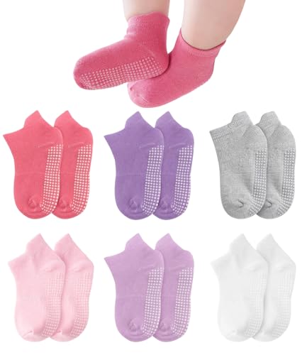 Lafefe 6 Pairs Short Style Baby Grip Socks for Girls 1-3 Years Toddler Infant Kids Children, Non Slip Toddler Socks Cotton Solid Colour