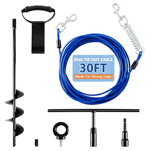 6 PCS Heavy Duty Dog Tie Out Cable and Stake,30FT Chew-Proof Dog Leads with Spring and Strap,Anti-Rust Ground Anchors with Extended T-Wrench,Dog Runner for Dogs up to 210 lbs,for Yard Camping Beach