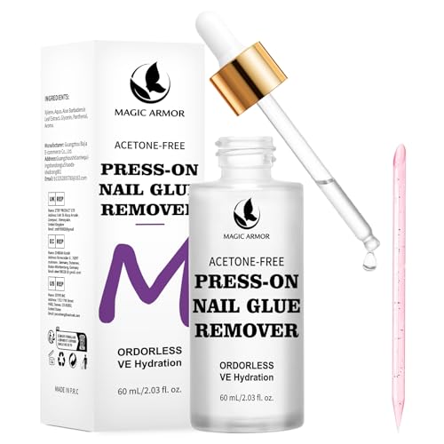 MAGIC ARMOR Removedor de pegamento de uñas, 60 ml, sin acetona, suave y eficaz para uñas postizas y prensadas, removedor rápido, fácil e inodoro para pegamento de uñas con lápiz acrílico