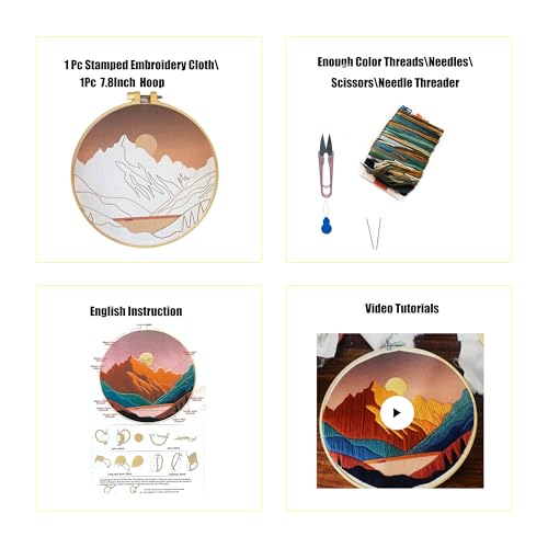 Image of mozhijing Landscape Embroidery Stamped Pattern.Scenery Embroidery Kits for Beginners Adults, Mountains and Lake Stamped Cross Stitch Kits for Beginners (Pattern B)