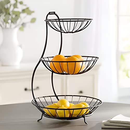 Plantex Elegant High Grade Steel 3-Tier Fruit & Vegetable Basket for Dining Table/Kitchen-Big Size(Black),Solid