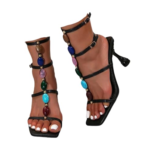 Women's Jeweled Stone Gladiator Sandals, Beaded T-Strap Stiletto Heels Ankle Strap Sandal Slip on Casual Dress Sexy Shoes for Party,Wedding,and Vacation