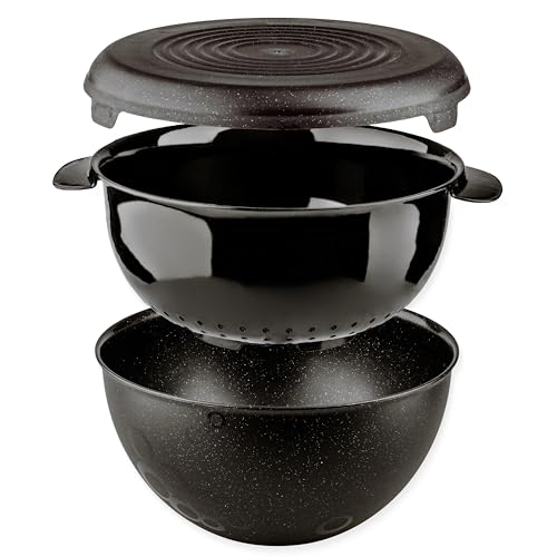 Go Practic Salat Schüssel Set Mit Sieb Und Deckel, 3 Teilig Schwarz, 3L Küchenset, Kunststoff Große Plastikschüssel Küchensieb Salatschüssel