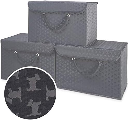 Brown Storage Boxes with lids, Fabric, Stackable, Foldable. For wardrobe, shelves, clothes, bedroom, office, cupboard, keepsake memory box, crafts, toy, shoe, sock, knitting. Rope Handle 3pk
