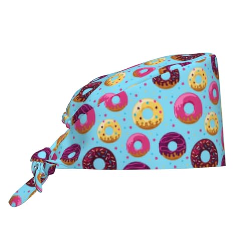 Kuilepa Donuts Print Working Caps With Sweatband Adjustable Working Hats Elastic Scrub Hats Nurse Scrub Cap