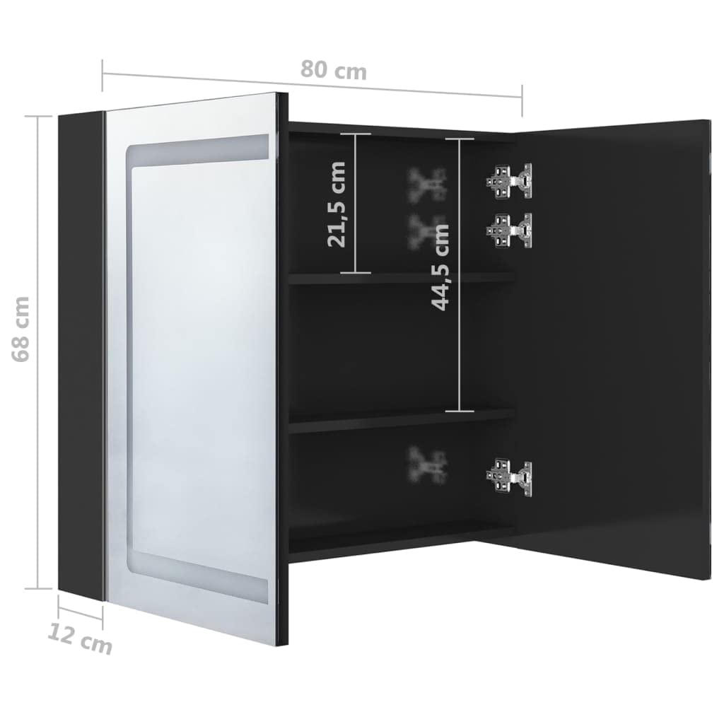 vidaXL Armario de Baño con Espejo LED Aseo Inodoro Muebles Mobiliario Tocador Botiquín Almacenamiento Estante Decoración Negro Brillante 80x12x68 cm