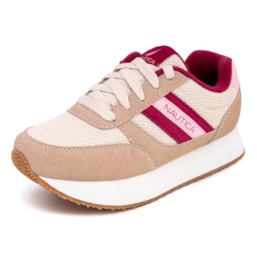 Nautica Zapatillas bajas para niños, tenis de baloncesto para niños, zapatos de correr para la escuela al aire libre, tallas para niños grandes/niños pequeños, Plataforma de arbusto rosa hueso, 5 Big