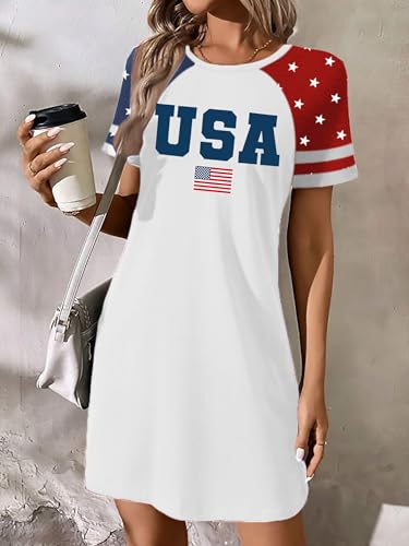 Image of YI XIANG RAN 4th of July Dress Women: American Flag Dresses USA Stars Stripes Shirt Patriotic Tshirt Summer Sundress