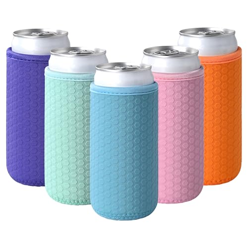 Xumbtvs 5 Pcs Insulated Slim Can Sleeve, Reusable Skinny Tall Can Cooler Sleeves, Non-slip Neoprene Beer Bottle Cover Holder for 12oz Slim Can Soda and Beer (Colorful2)