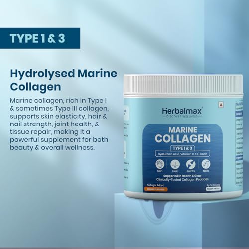 Image of Herbalmax Hydrolyzed Marine Collagen Supplements 120g With Hyaluronic Acid, Vitamin C & E, Biotin | Supports Healthy Skin, Hair, Nails, Bones & Joints | Type I & III Collagen