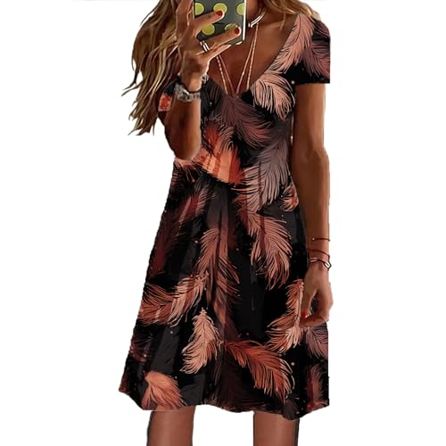 Vestido de verano para mujer, estampado de plumas, manga corta, línea A, vestido de playa, vestido de fiesta, vestido informal, informal, informal, vestido festivo, primavera, verano, largo hasta la