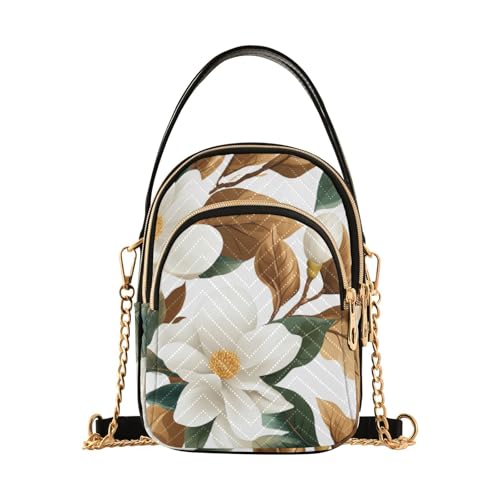 susiyo Quilted Crossbody Bag White Magnolias Flowers Leaves Womens Small Shoulder Purses with Chain Strap