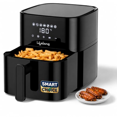 Lifelong 4.2L Digital Air Fryer |7 Preset Menus| Detachable Handle,Touch Panel,Non-Stick Basket|360° Rapid Air Technology Use Little To No Oil,Frying,Grill,Baking,Roasting |1200W Quick Heating (Black)