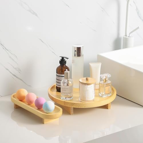 Image of Round Wooden Decorative Tray, 2 Pcs Tray for Coffee Table, Bathroom Vanity Tray, Kitchen Counter Tray, Rustic Wood Tray Decor, Round Serving Tray (Natural)