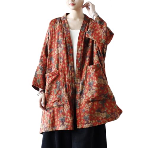 Ystylee Women Vintage Kimono Jacket Colorful Printed Open Front Cardigan Fall Outwear Dust Coat with Pocket