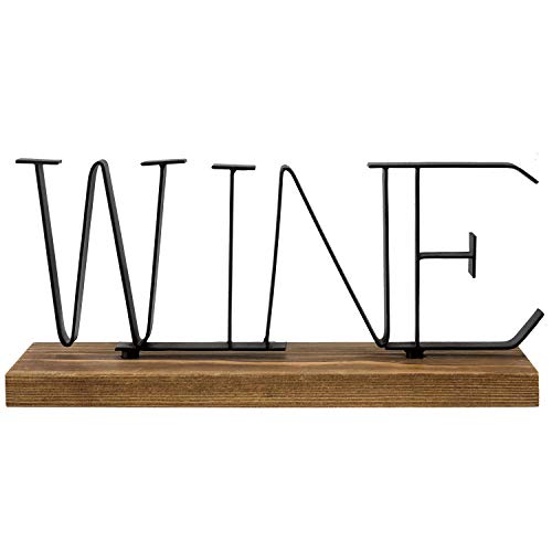 Mygift 12-Inch Metal And Wood Decorative Wine Sign Tabletop Decor With Rustic Burnt Brown Wood Base And Matte Black Lettering #TOP3