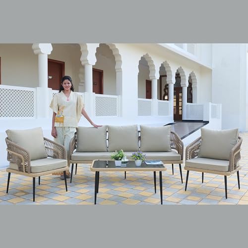 Image of LOCCUS 5-Seater Outdoor Rope Sofa Set - All-Weather Patio Conversation Furniture with Waterproof Cushions & Powder-Coated Frame, Garden & Balcony Seating for Terrace, Lawn, Backyard (Beige)