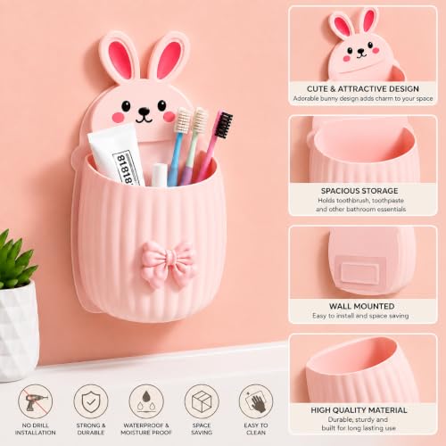 Image of Cute Rabbit Wall Mounted Toothbrush Holder | Self Adhesive Bathroom Organizer for Toothbrush, Toothpaste, Comb & Makeup Brushes | Bathroom Accessories for Kids & Home (Pink Green Rabbit)