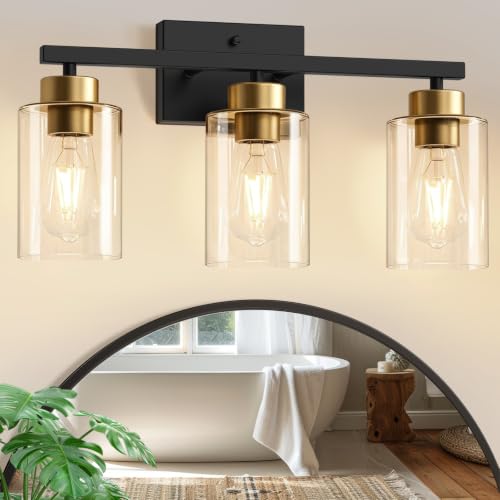 Image of IZORRO Bathroom Light Fixtures, Modern Vanity Lights, Bathroom Lighting Fixtures Over Mirror with Clear Glass Shade, Wall Sconce for Living Room Cabinet Bedroom (Black and Gold, 3-Light)