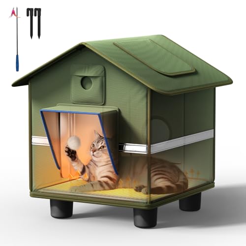 Heated Cat House for Outside - Weatherproof Insulated Feral Cat Shelter with Heated Pad, Roof Window...