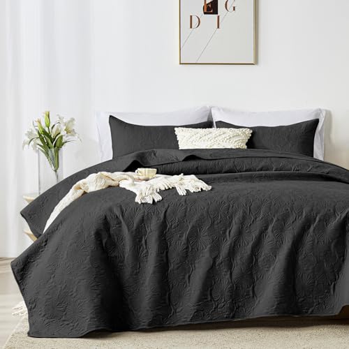 Davulos Juego de ropa de cama tamaño King/Cal King, color negro, colcha acolchada de microfibra, colcha reversible de gran tamaño, estilo bohemio, transpirable, ligera, con funda de almohada para