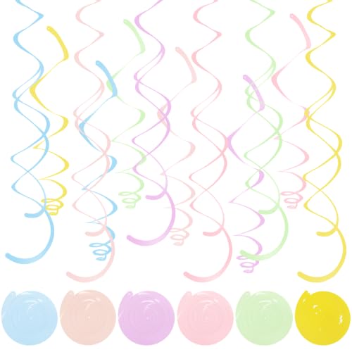 Image of 24 PCS Pastel Macarons Hanging Swirl,Sparkle Ceiling Hanging Decorations, Plastic Streamer Party Decorations with Double-Swirls and Single-Swirls for Birthday, Spring, Bridal, Gender Reveal, Wedding