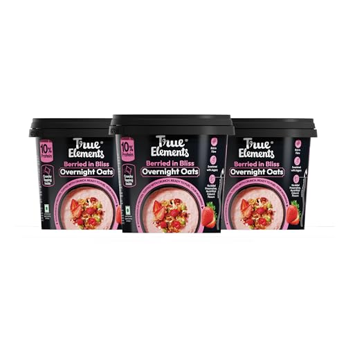 Image of True Elements Overnight Oats Berried in Bliss 186 g (Pack of 3 * 62 g) - Ready-to-Eat Breakfast | High Protein, Fibre & Berry Flavour | Healthy Instant Oats Snack